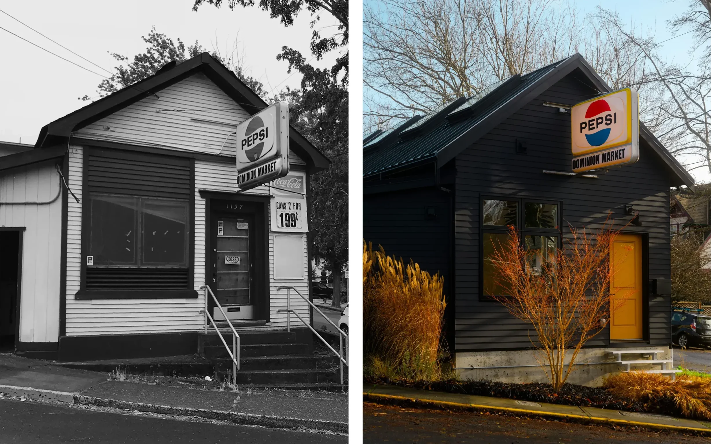 before and after comparison of the Dominion Market and its remodel into a home
